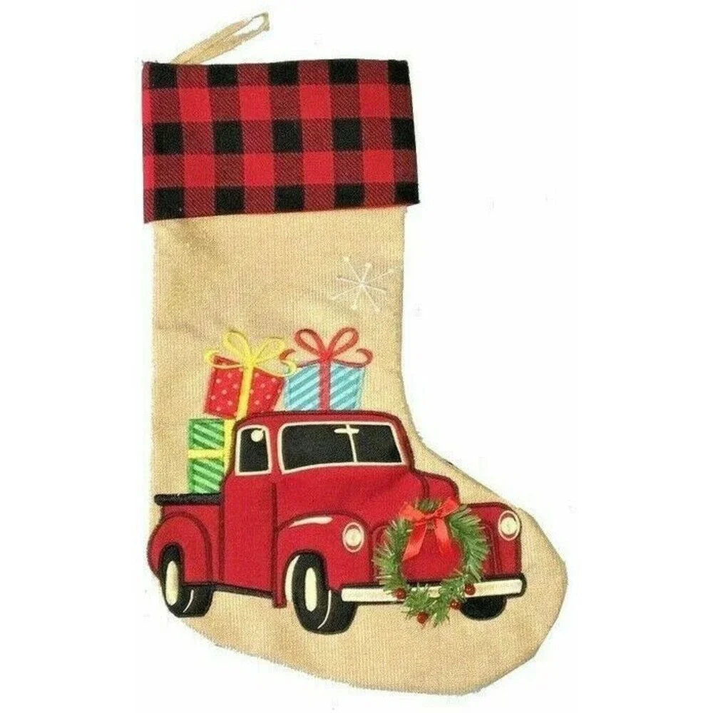 Christmas Stocking Buffalo Plaid Red Farm Truck Embroidered Presents 3D Wreath
